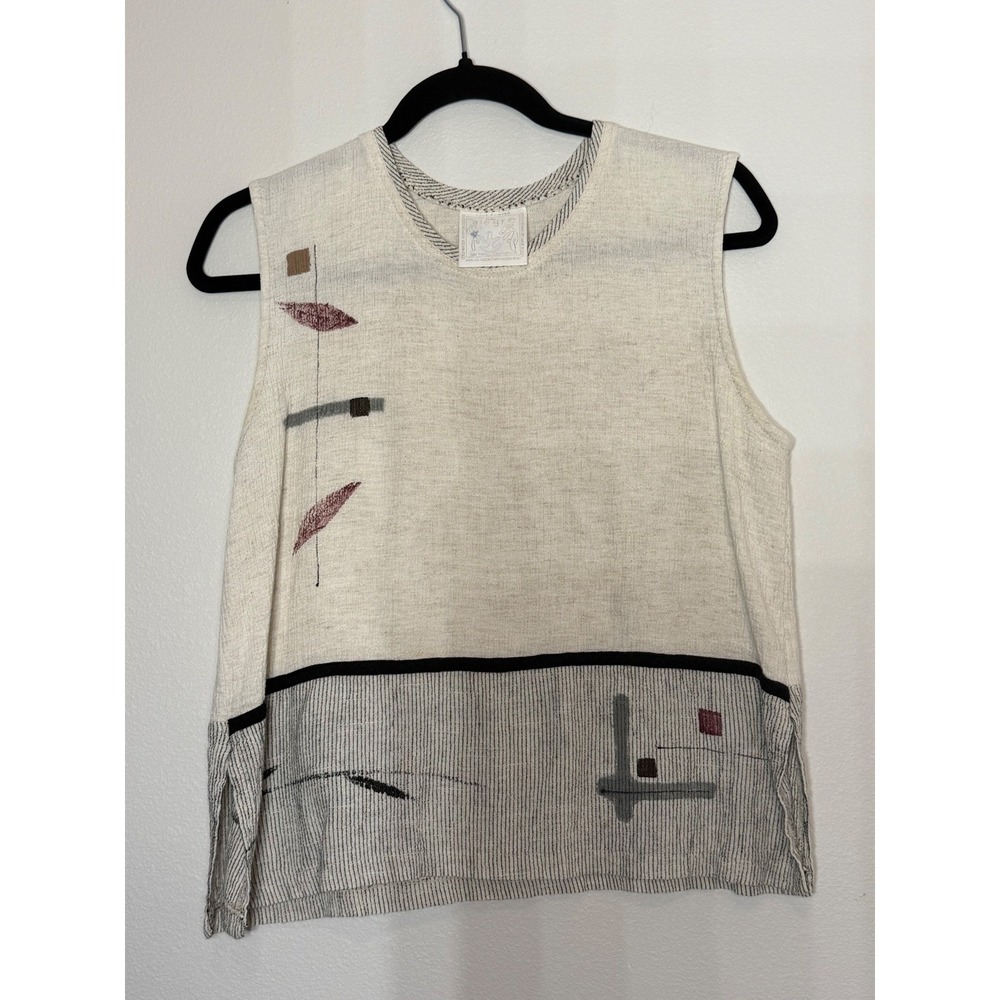 Alegre Women's Cream Hand Painted Art To Wear Linen Blend Sleeveless Top  Size M